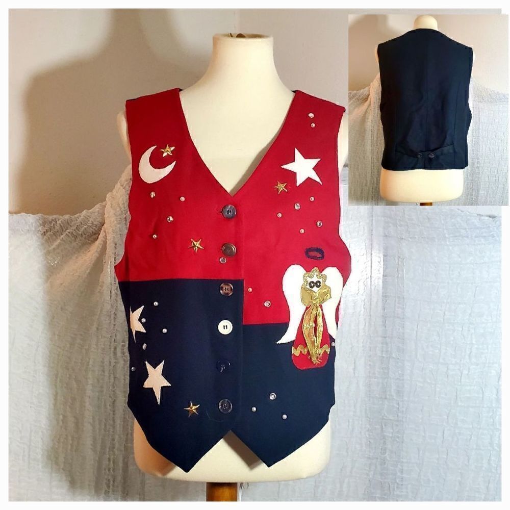 BMW Designs Vtg Christmas Angel & Stars Vest Size Large
